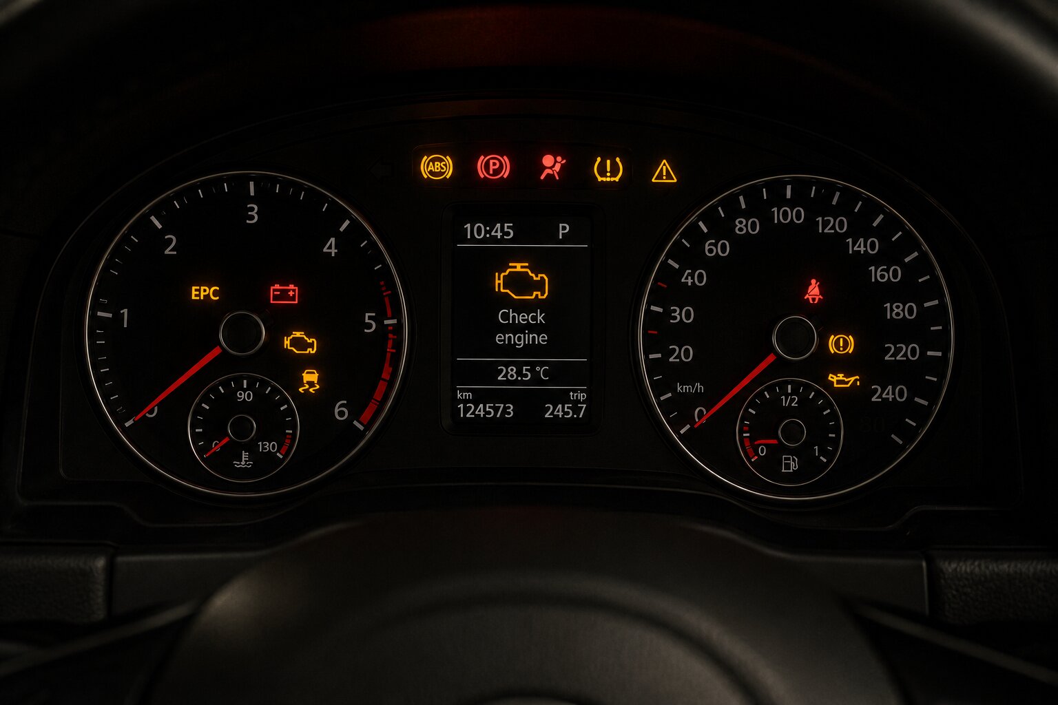 Dashboard warning lights with a check-engine alert